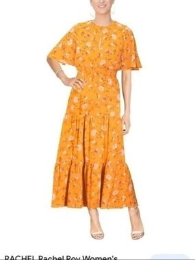RACHEL Rachel Roy Yellow Orange  Floral Maxi Dress Smoked Tiered Sz 4